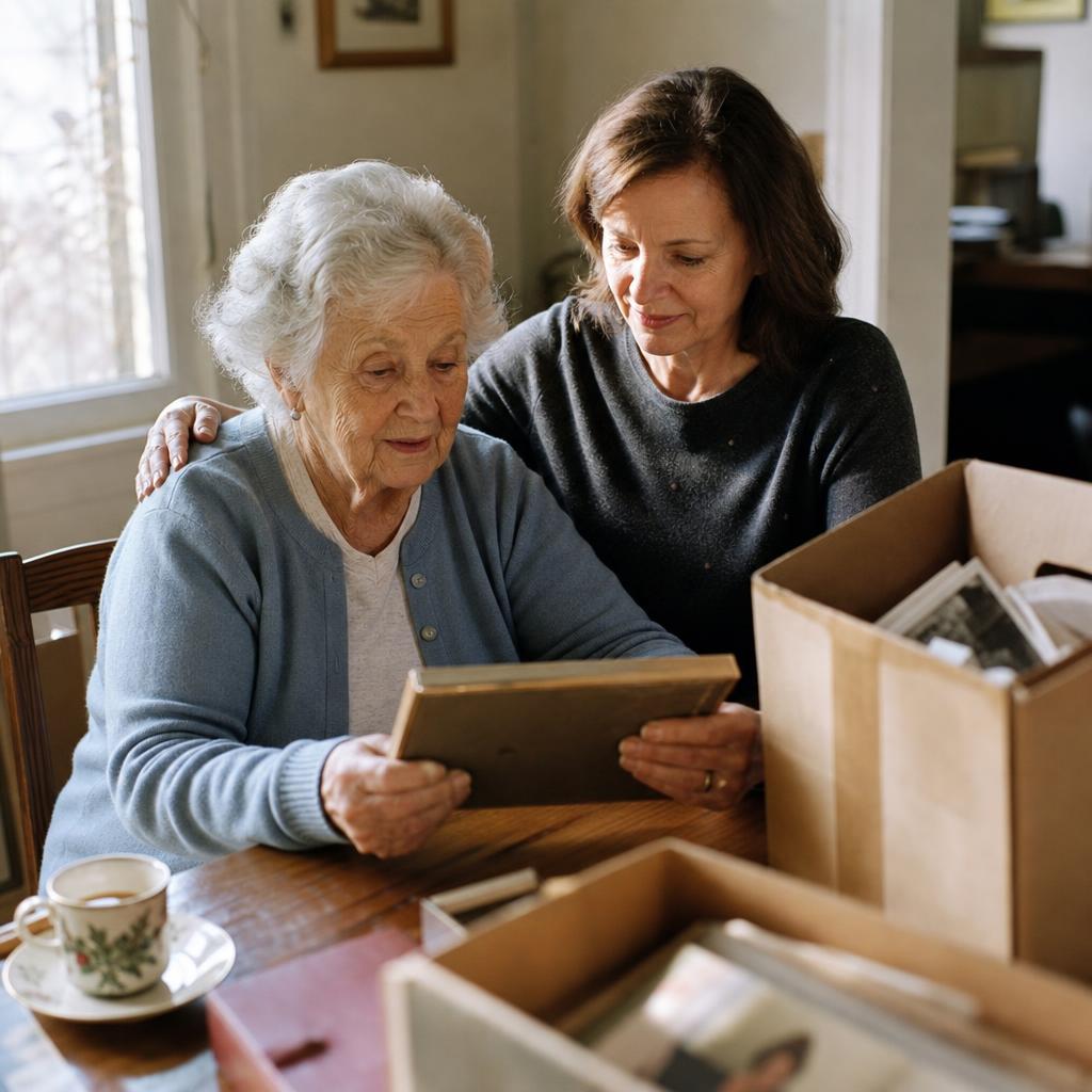 An older woman and her adult daughter at a kitchen table, looking at framed photographs together while sorting through a box of family keepsakes